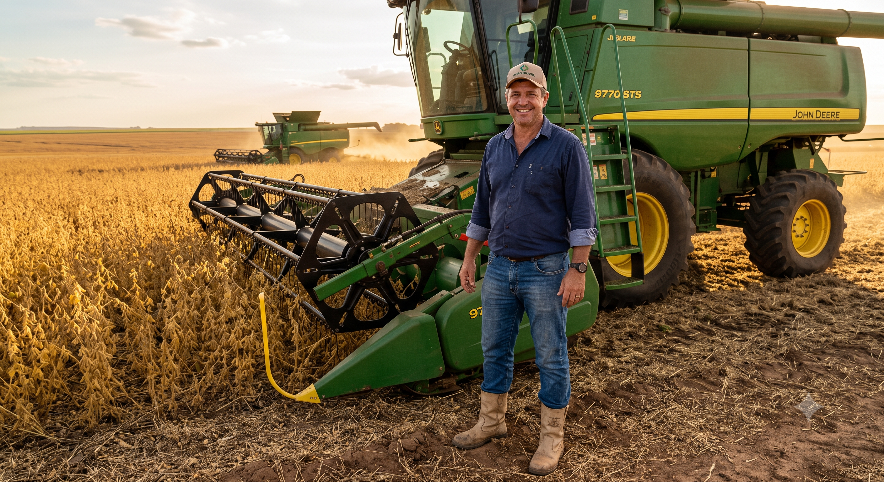 Produtor rural ao lado da colheitadeira na lavoura