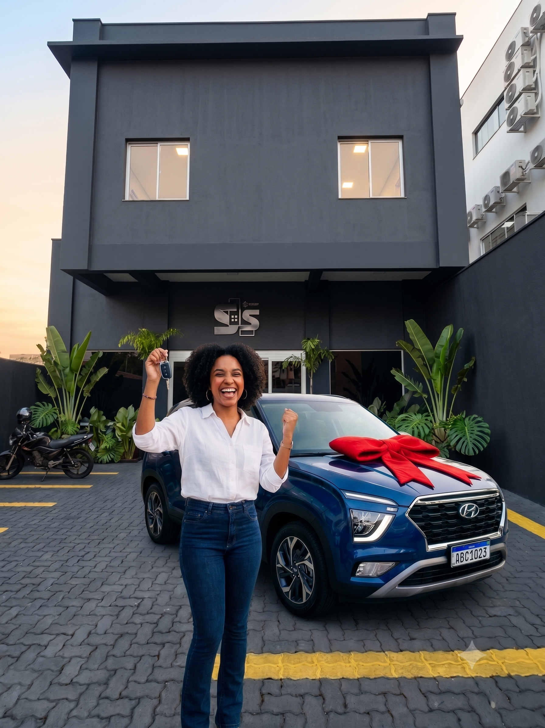 Cliente comemorando a conquista do carro novo