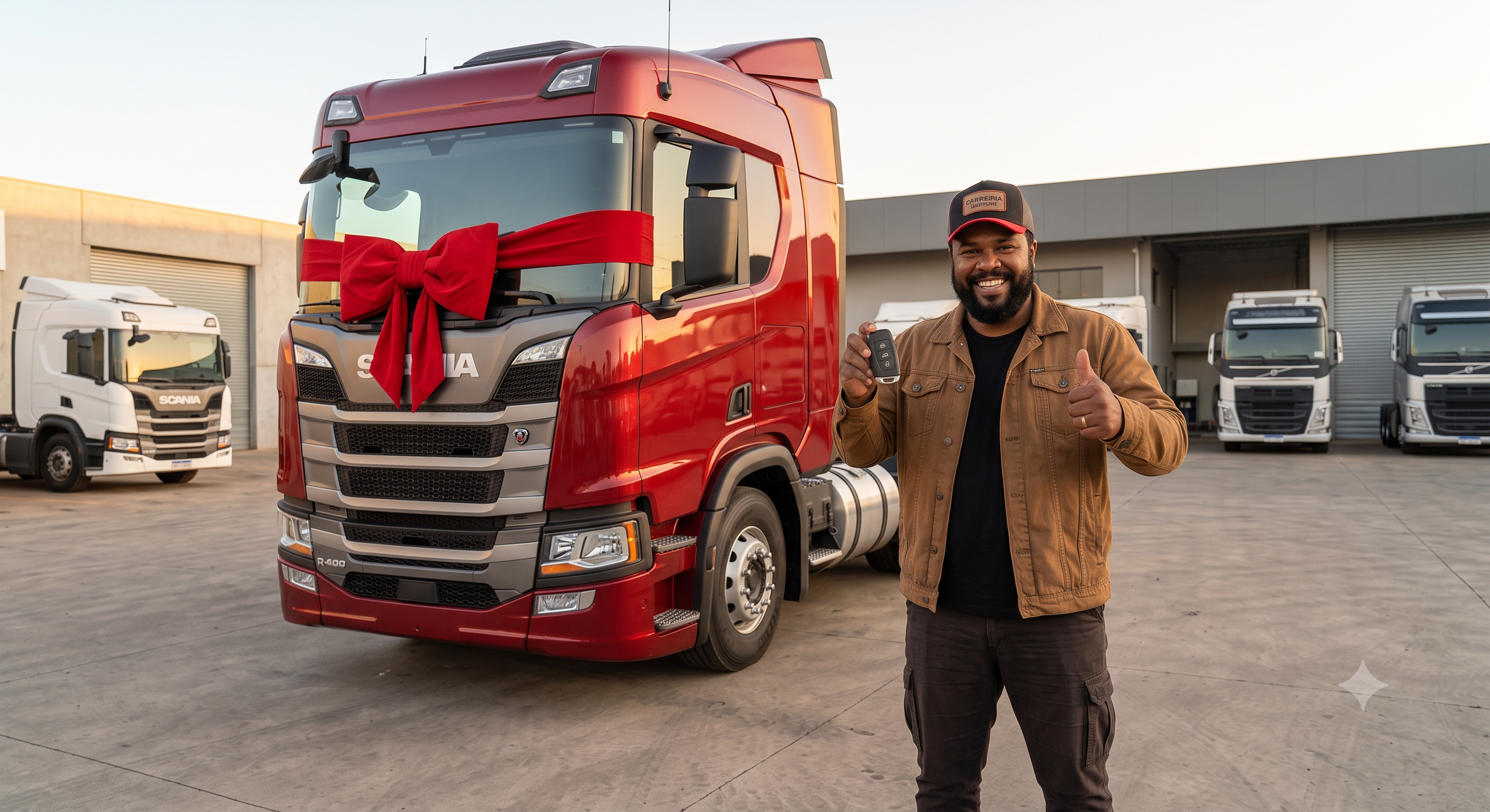 Cliente recebendo o caminhão Scania novo